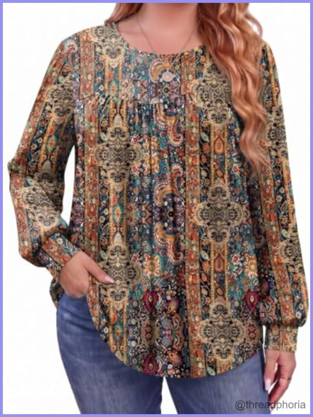 Plus Size Flowy Tunic Top Long Sleeve Crew Neck Pleated Blouse